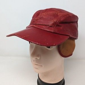 Vintage Penneys Red Leather Hat Size 7 1/8 Quilt Lined Ear Flaps Cap JC Penney